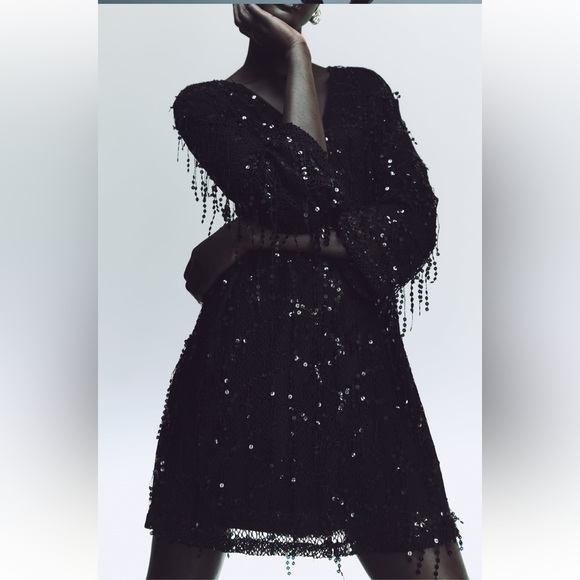 NWT Zara Black FRINGED SEQUIN MINI DRESS Size Small S - Picture 1 of 15
